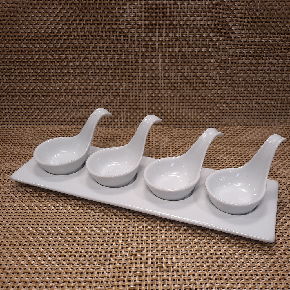 Pier 1 Imports Asian Soup Spoons and Tray Set ~ White Porcelain